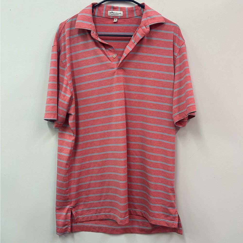 Peter Millar Men's Pink and Blue Striped Polo Shirt